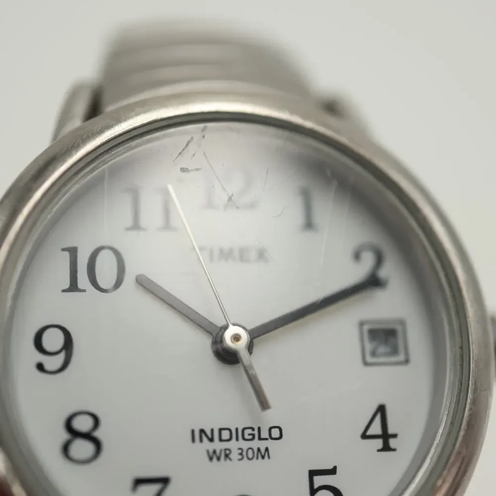 Timex Indiglo Date Silver Tone Women 25mm Watch Metal Stretch Band w New Battery
